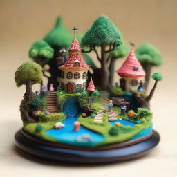 A miniature scene featuring a detailed, tiny world with intricate characters and settings