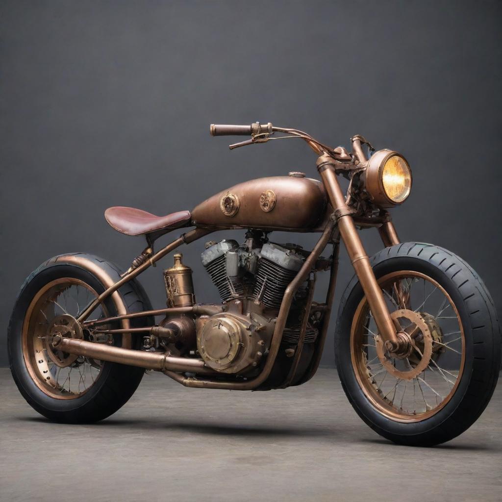 Motorbikes infused with a steampunk aesthetic, showcasing vintage forms, brass and copper accents, steam-powered engines, and complex gear assemblies.