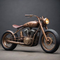 Motorbikes infused with a steampunk aesthetic, showcasing vintage forms, brass and copper accents, steam-powered engines, and complex gear assemblies.