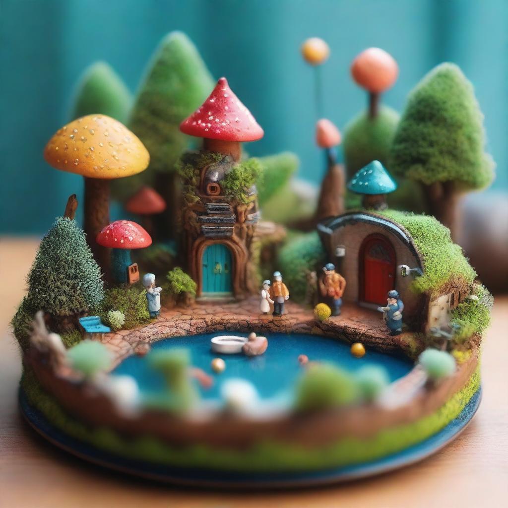 A miniature scene featuring a detailed, tiny world with intricate characters and settings