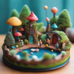 A miniature scene featuring a detailed, tiny world with intricate characters and settings