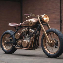 Motorbikes infused with a steampunk aesthetic, showcasing vintage forms, brass and copper accents, steam-powered engines, and complex gear assemblies.