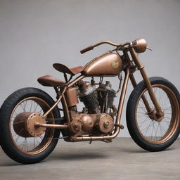 Motorbikes infused with a steampunk aesthetic, showcasing vintage forms, brass and copper accents, steam-powered engines, and complex gear assemblies.