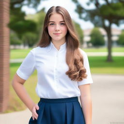 A tall 16-year-old young adult with an athletic and curvy hourglass body, almond cat eyes, long bouncy almond brown hair, and a natural skin shade