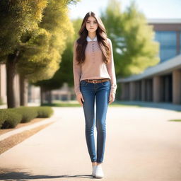 A high quality professional photo of a tall 16-year-old young adult with an athletic and curvy hourglass body, long legs, almond cat eyes, and long bouncy almond brown hair standing in the school compound