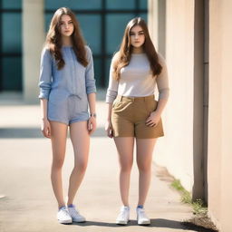 A high quality professional photo of a tall 16-year-old young adult with an athletic and curvy hourglass body, long legs, almond cat eyes, and long bouncy almond brown hair standing in the school compound