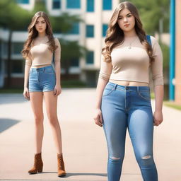 A high quality professional photo of a tall 16-year-old young adult with an athletic and curvy hourglass body, long legs, almond cat eyes, and long bouncy almond brown hair standing in the school compound