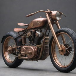 Motorbikes infused with a steampunk aesthetic, showcasing vintage forms, brass and copper accents, steam-powered engines, and complex gear assemblies.