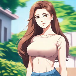 In the school compound, a tall 16-year-old young adult with an athletic and curvy busty hourglass body stands confidently