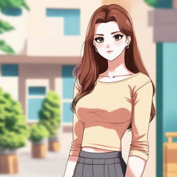 In the school compound, a tall 16-year-old young woman with an athletic and curvy, busty hourglass body stands elegantly