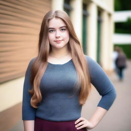 A high quality professional photo in the school compound, featuring a tall 16-year-old young woman with an athletic and curvy, busty hourglass body standing elegantly