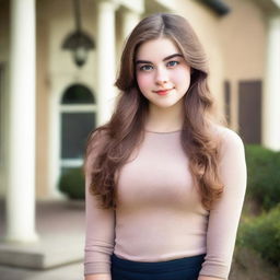 A high quality professional photo in the school compound, featuring a tall 16-year-old young woman with an athletic and curvy, busty hourglass body standing elegantly