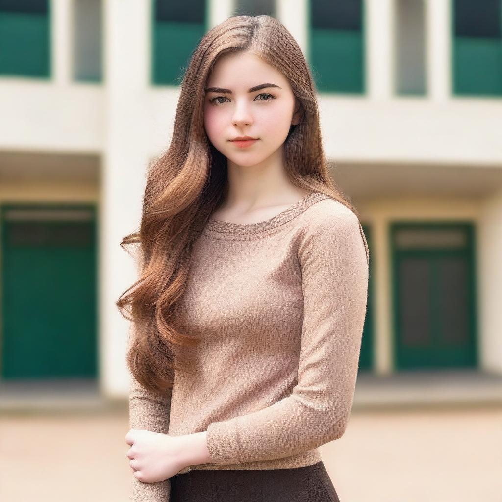 A high quality professional photo in the school compound, featuring a tall 16-year-old young woman with an athletic and curvy, busty hourglass body standing elegantly