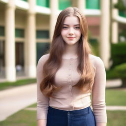 A high quality professional photo in the school compound, featuring a tall 16-year-old young woman with an athletic and curvy, busty hourglass body standing elegantly