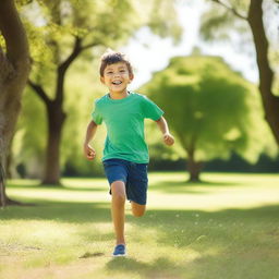 A joyful young boy with a big smile on his face, playing outside in a sunny park