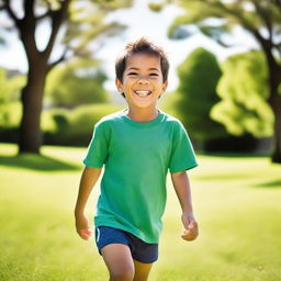 A joyful young boy with a big smile on his face, playing outside in a sunny park