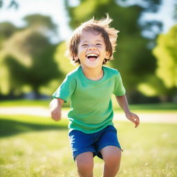 A joyful young boy with a big smile on his face, playing outside in a sunny park