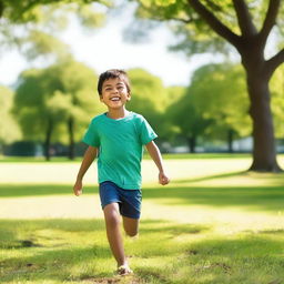 A joyful young boy with a big smile on his face, playing outside in a sunny park