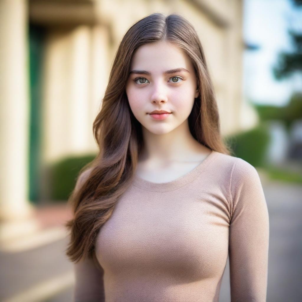 A high quality professional photo in the school compound, featuring a tall 16-year-old young woman with an athletic and curvy, busty hourglass body standing elegantly