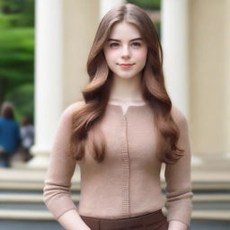 A high quality professional photo in the school compound, featuring a tall 16-year-old young woman with an athletic and curvy, busty hourglass body standing elegantly