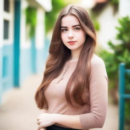 A high quality professional photo in the school compound, featuring a tall 16-year-old young woman with an athletic and curvy, busty hourglass body standing elegantly