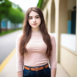 A high quality professional photo in the school compound, featuring a tall 16-year-old young woman with an athletic and curvy, busty hourglass body standing elegantly