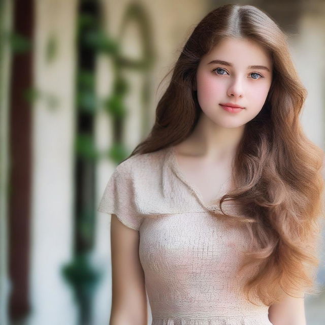 Standing in the school compound is a striking 16-year-old young woman, exuding an aura of natural beauty and elegance