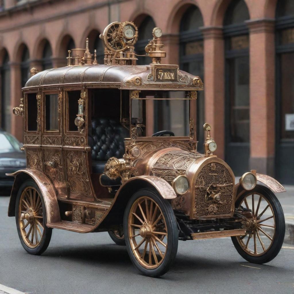 A taxi rendered in a steampunk style, complete with vintage-inspired details, brass and copper adornments, steam-driven machinery, and a labyrinth of gears and indicators.