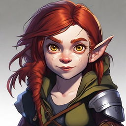 A halfling girl with shoulder-length red hair and iridescent eyes