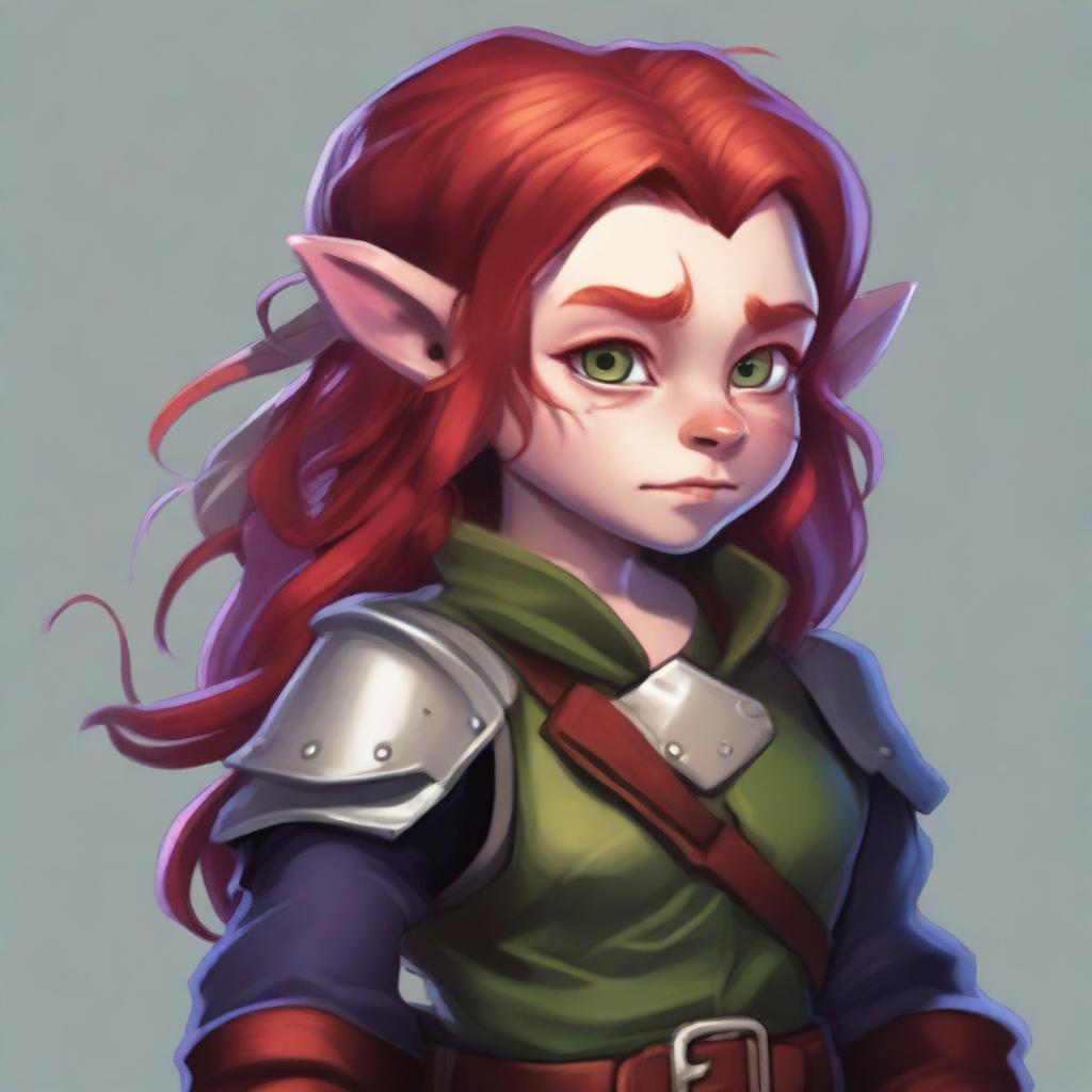 A halfling girl with shoulder-length red hair and iridescent eyes