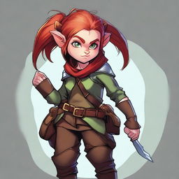 A halfling girl with shoulder-length red hair and iridescent eyes