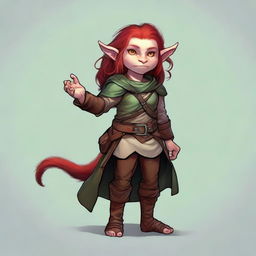A halfling girl with shoulder-length red hair and iridescent eyes