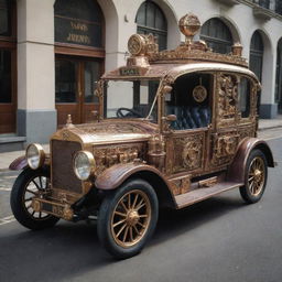 A taxi rendered in a steampunk style, complete with vintage-inspired details, brass and copper adornments, steam-driven machinery, and a labyrinth of gears and indicators.