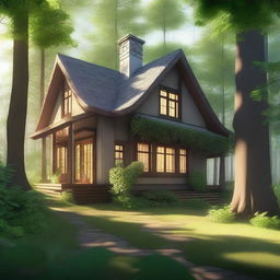 A cozy house situated in the middle of a dense forest, surrounded by tall trees and lush greenery