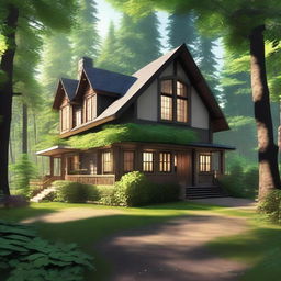 A cozy house situated in the middle of a dense forest, surrounded by tall trees and lush greenery