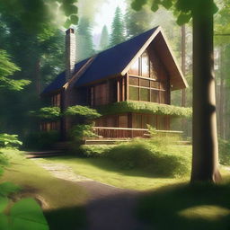 A cozy house situated in the middle of a dense forest, surrounded by tall trees and lush greenery