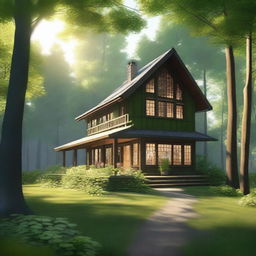 A cozy house situated in the middle of a dense forest, surrounded by tall trees and lush greenery