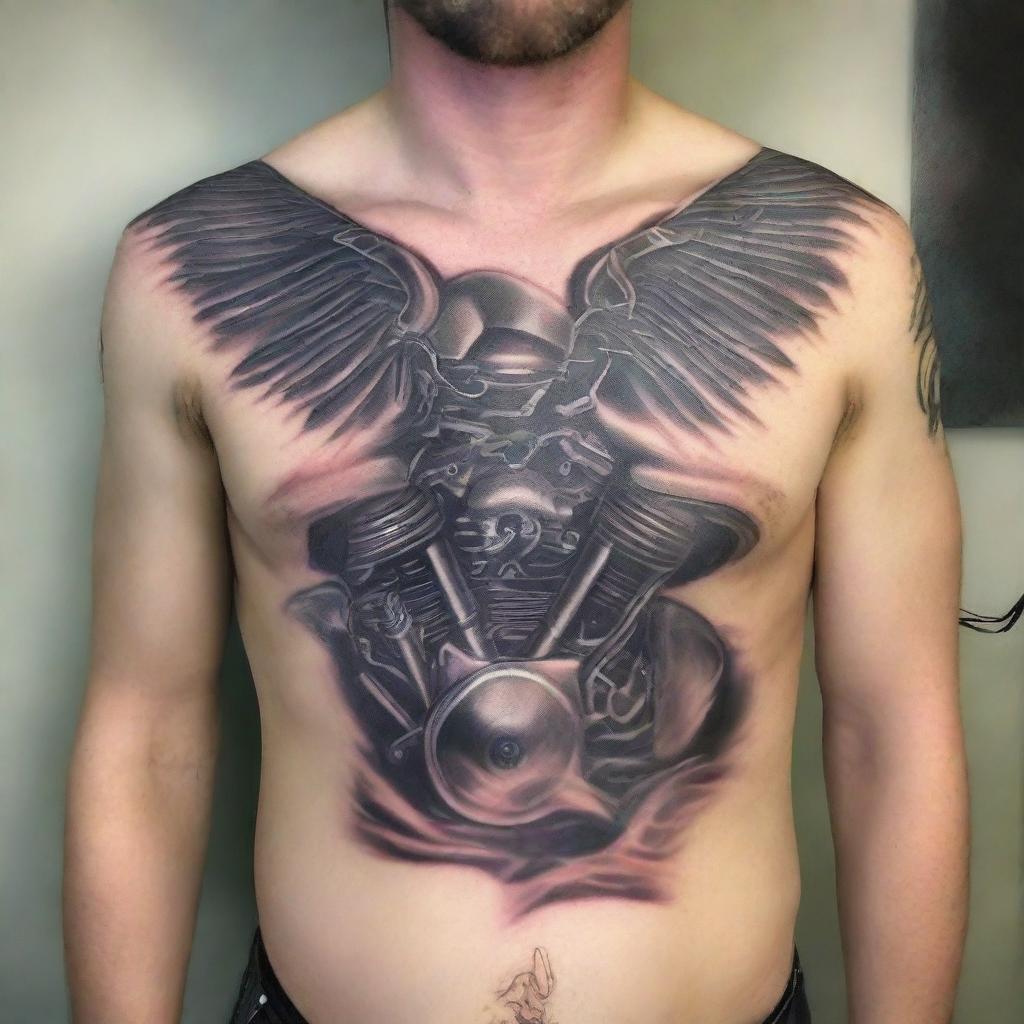 Create a detailed tattoo design for a man's chest featuring two motorcycle engine cylinder heads, similar to a Harley Davidson