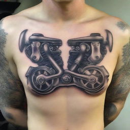 Create a detailed tattoo design for a man's chest featuring two motorcycle engine cylinder heads, similar to a Harley Davidson