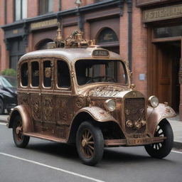 A taxi rendered in a steampunk style, complete with vintage-inspired details, brass and copper adornments, steam-driven machinery, and a labyrinth of gears and indicators.