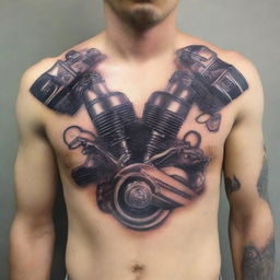 Create a detailed tattoo design for a man's chest featuring two motorcycle engine cylinder heads, similar to a Harley Davidson