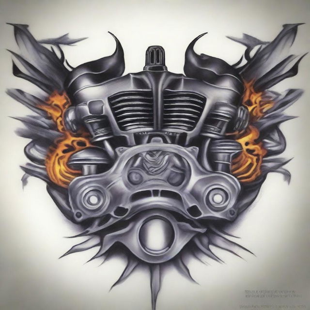 Create a detailed tattoo design for a man's chest featuring two motorcycle engine cylinder heads, similar to a Harley Davidson