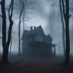 A horror movie poster titled 'Дом посреди леса' (House in the Middle of the Forest)