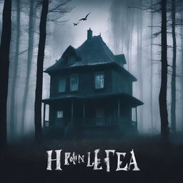 A horror movie poster titled 'Дом посреди леса' (House in the Middle of the Forest)