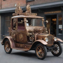 A taxi rendered in a steampunk style, complete with vintage-inspired details, brass and copper adornments, steam-driven machinery, and a labyrinth of gears and indicators.