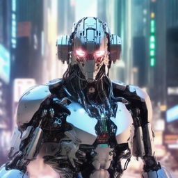 Create a highly detailed and realistic photo of a cyborg for the cover of a science fiction novel in anime style