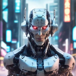 Create a highly detailed and realistic photo of a cyborg for the cover of a science fiction novel in anime style