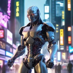 Create a highly detailed and realistic photo of a cyborg for the cover of a science fiction novel in anime style