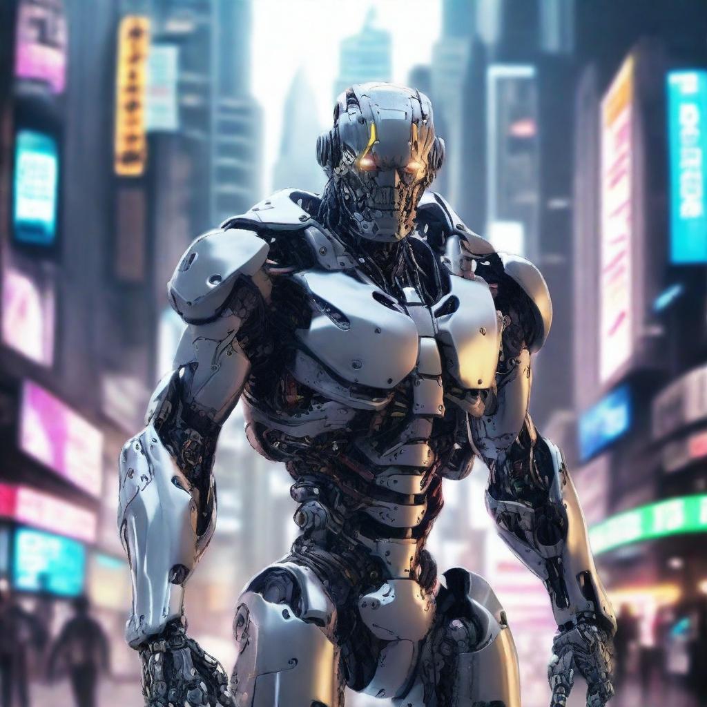 Create a highly detailed and realistic photo of a cyborg for the cover of a science fiction novel in an anime style