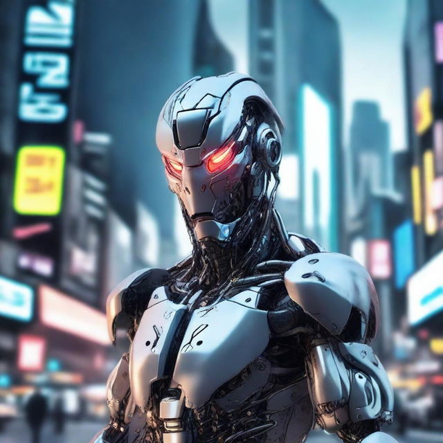 Create a highly detailed and realistic photo of a cyborg for the cover of a science fiction novel in an anime style